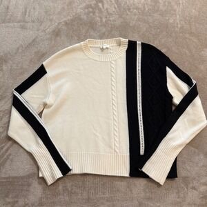 LilySilk Merino Wool Colorblock Cable Knit Sweater Black Cream Medium